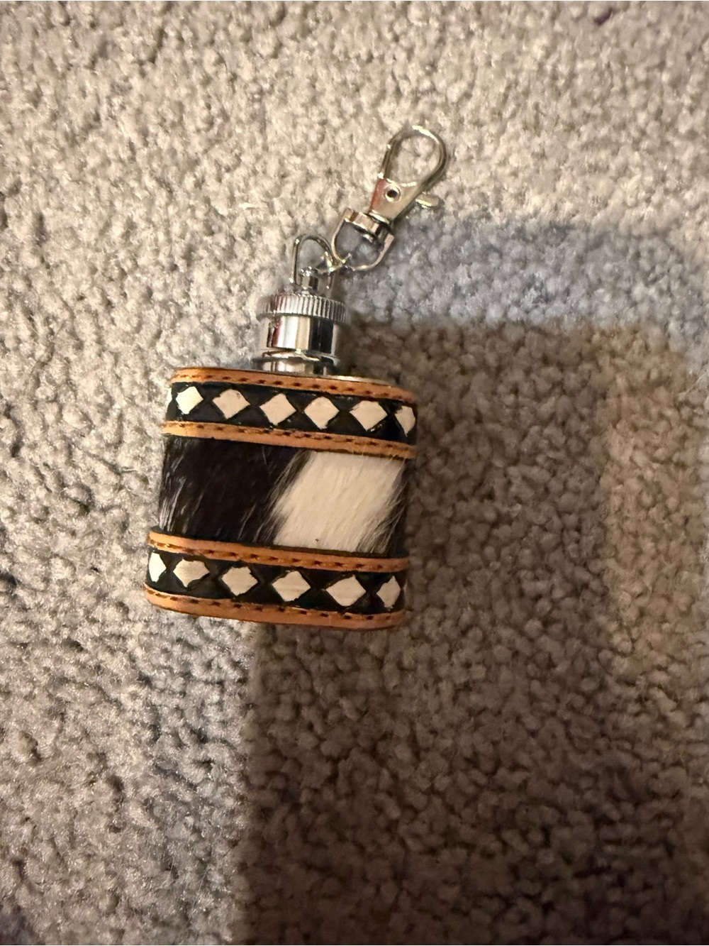 Leather and Cowhide Keychain Flask - Black & White